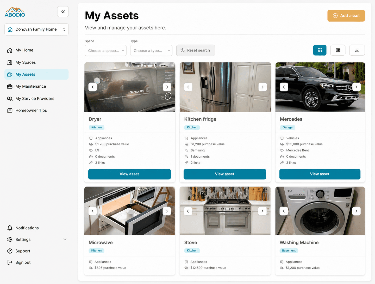 Dashboard displaying various household assets with images, categories, purchase values, and view buttons for each item like dryer, fridge, and car.